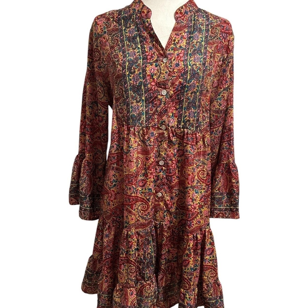 Double Decker Medium‎ silk paisley boho Dress indie western tiered bell sleeve